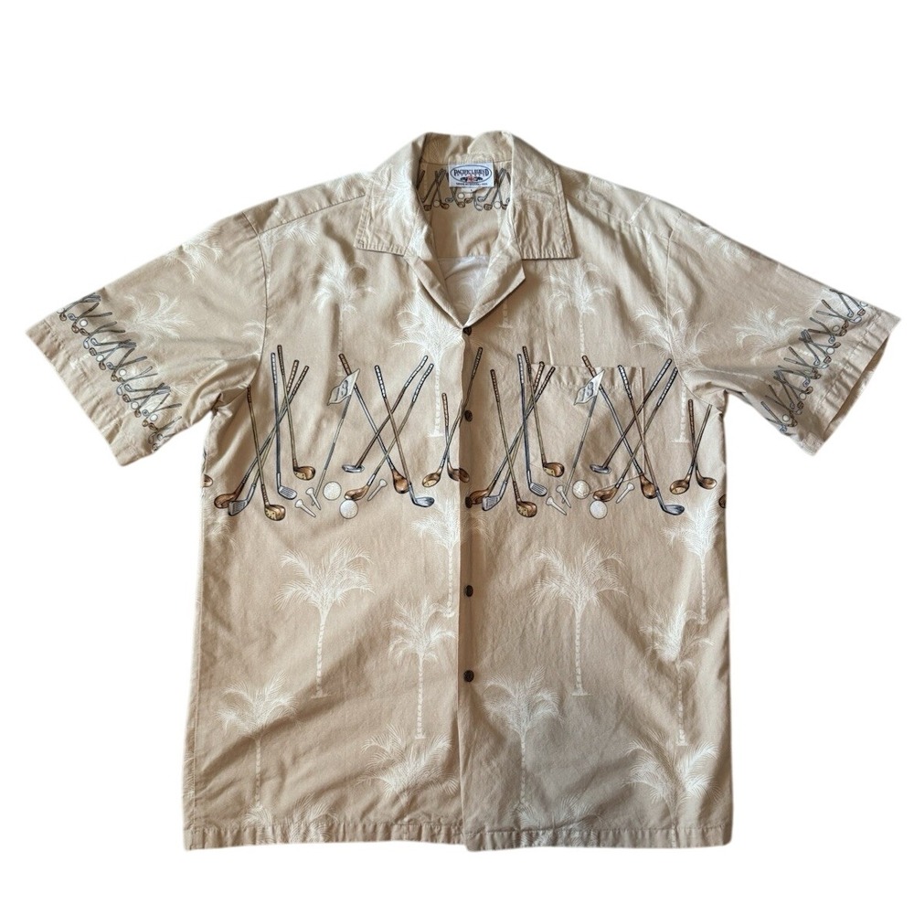 Vintage Pacific Legend Hawaiian Shirt Men's L Khaki Tan Floral Golf Graphic USA